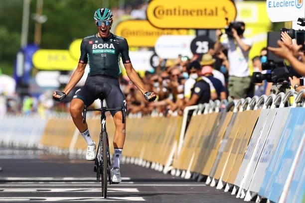 Nils Politt of Germany and Team BORA - Hansgrohe stage winner celebrates at arrival during the 108th Tour de France 2021, Stage 12 a 159,4km stage...