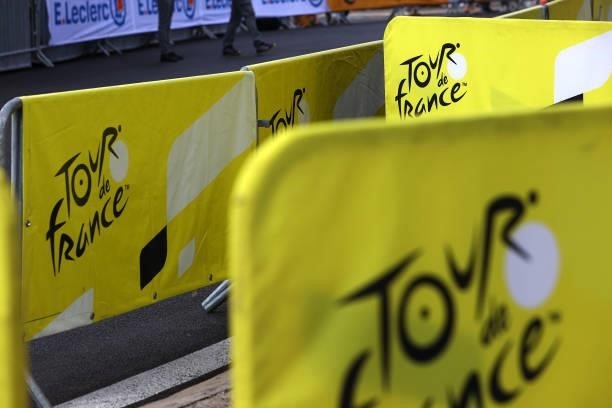 Logo at arrival during the 108th Tour de France 2021, Stage 12 a 159,4km stage from Saint-Paul-Trois-Chateaux to Nimes / @LeTour / #TDF2021 / on July...