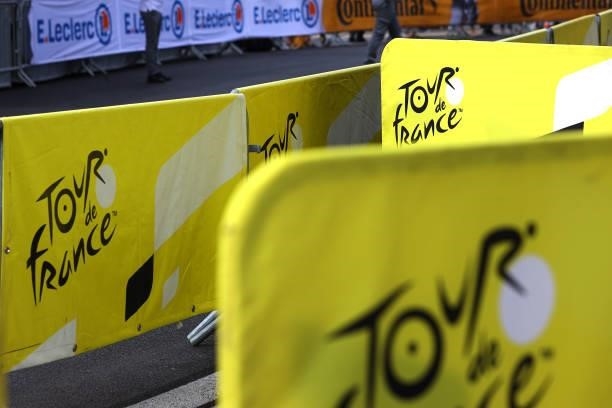 Logo at arrival during the 108th Tour de France 2021, Stage 12 a 159,4km stage from Saint-Paul-Trois-Chateaux to Nimes / @LeTour / #TDF2021 / on July...