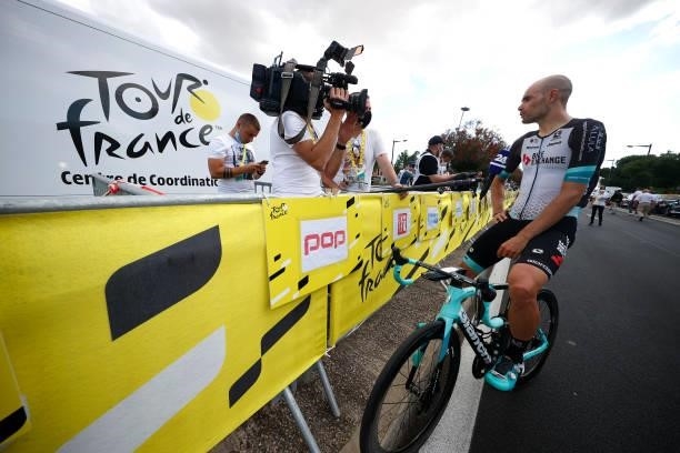 Luka Mezgec of Slovenia and Team BikeExchange meets the media press at arrival during the 108th Tour de France 2021, Stage 12 a 159,4km stage from...