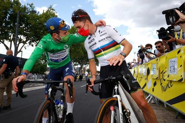 Mark Cavendish of The United Kingdom Green Points Jersey & Julian Alaphilippe of France and Team Deceuninck - Quick-Step at arrival during the 108th...