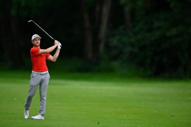 Jules Gris of France plays his second shot on the 11th hole during Day One of Le Vaudreuil Golf Challenge at Golf PGA France du Vaudreuil on July 08,...