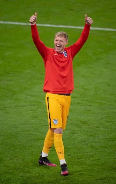 England substitute goalkeeper Aaron Ramsdale celebrates after the UEFA Euro 2020 Championship Semi-final match between England and Denmark at Wembley...