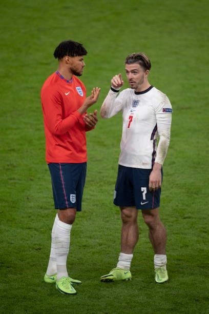 Tyrone Mings and Jack Grealish of England after the UEFA Euro 2020 Championship Semi-final match between England and Denmark at Wembley Stadium on...