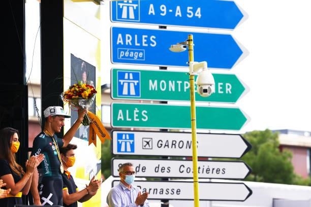 Nils Politt of Germany and Team BORA - Hansgrohe stage winner celebrates at podium during the 108th Tour de France 2021, Stage 12 a 159,4km stage...
