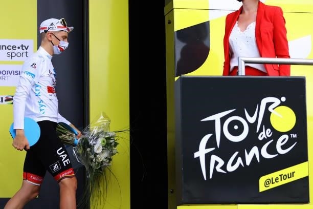 Tadej Pogačar of Slovenia and UAE-Team Emirates white best young jersey celebrates at podium during the 108th Tour de France 2021, Stage 12 a 159,4km...