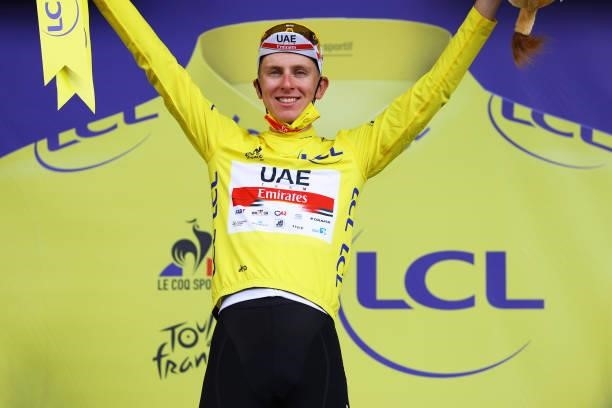 Tadej Pogačar of Slovenia and UAE-Team Emirates yellow leader jersey celebrates at podium during the 108th Tour de France 2021, Stage 12 a 159,4km...