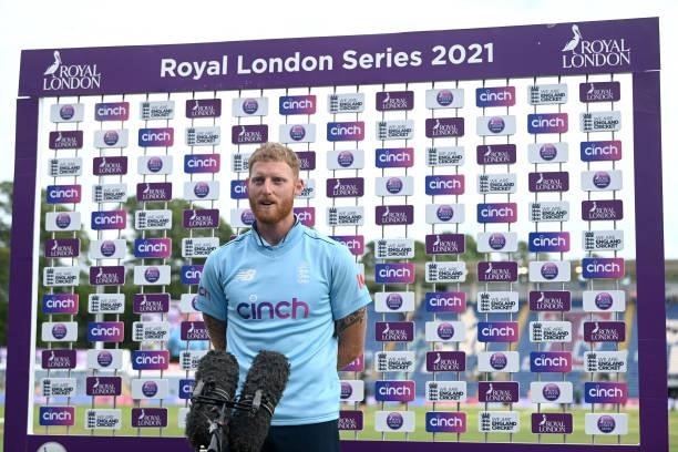 England captain Ben Stokes speaks during the post match presentations after the 1st Royal London Series One Day International match between England...