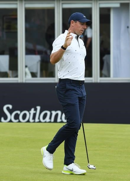 Rory McIlroy of Northern Ireland acknowledges the crowd, after finishing his round during Day One of the abrdn Scottish Open at The Renaissance Club...