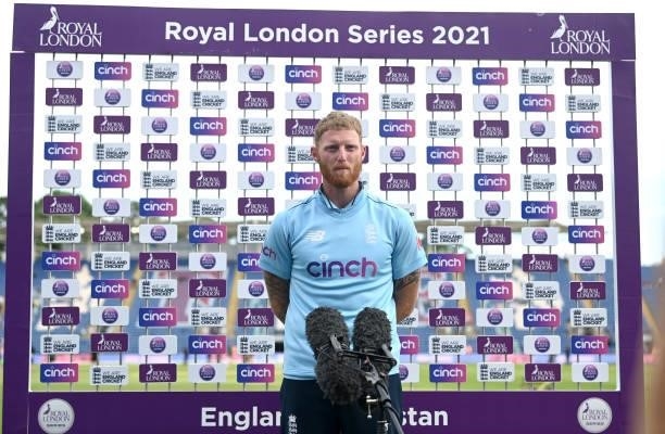 England captain Ben Stokes speaks during the post match presentations after the 1st Royal London Series One Day International match between England...