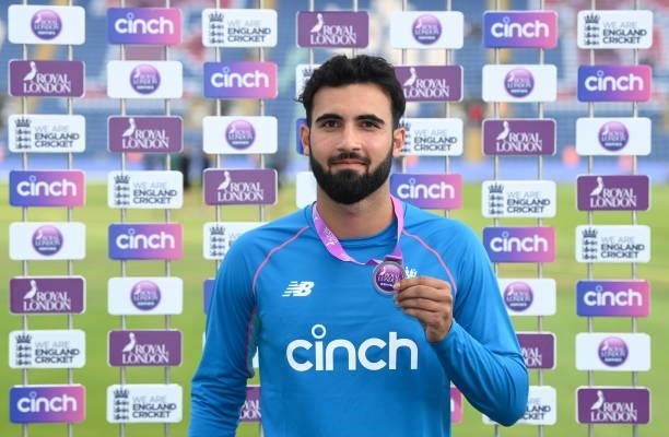 Player of the match Saqib Mahmood speaks during the post match presentations after the 1st Royal London Series One Day International match between...