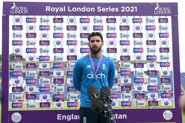 Player of the match Saqib Mahmood speaks during the post match presentations after the 1st Royal London Series One Day International match between...
