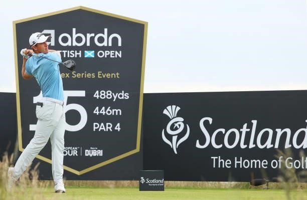 Grant Forrest of Scotland tees off on the 15th hole during Day One of the abrdn Scottish Open at The Renaissance Club on July 08, 2021 in North...