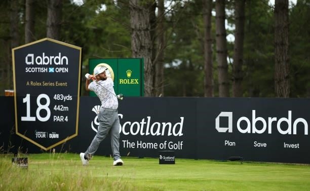 Jon Rahm of Spain tees off on the 18th hole during Day One of the abrdn Scottish Open at The Renaissance Club on July 08, 2021 in North Berwick,...
