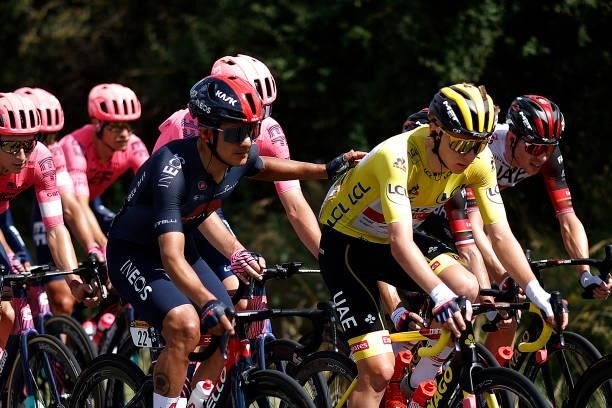 Richard Carapaz of Ecuador and Team INEOS Grenadiers & Tadej Pogačar of Slovenia and UAE-Team Emirates yellow leader jersey during the 108th Tour de...
