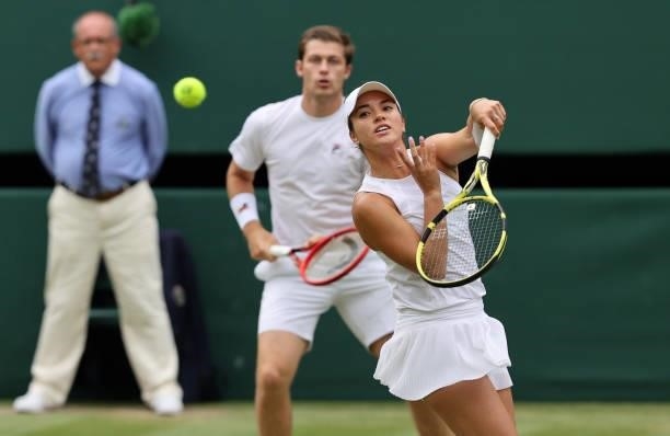 Desirae Krawczyk of The United States, playing partner of Neal Skupski of Great Britain plays a forehand in their Mixed Doubles Quarter-Final match...