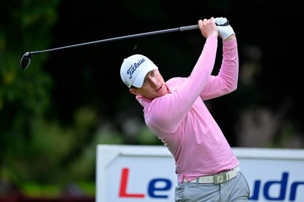 Ewan Walker of Scotland plays his first shot on the 1st hole during Day One of Le Vaudreuil Golf Challenge at Golf PGA France du Vaudreuil on July...