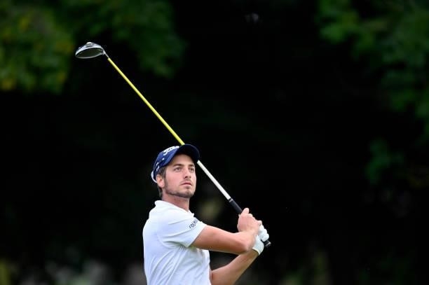Federico Maccario of Italy plays his first shot on the 1st hole during Day One of Le Vaudreuil Golf Challenge at Golf PGA France du Vaudreuil on July...