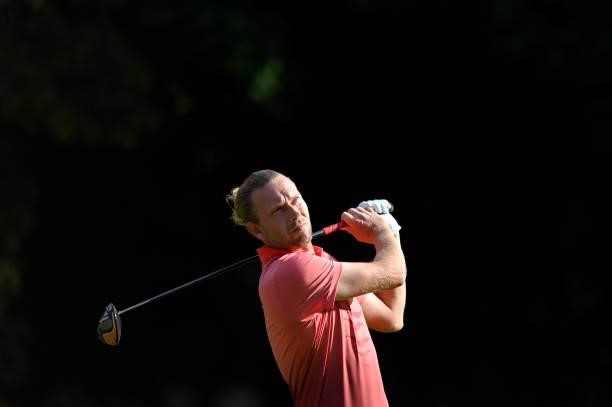 Marcel Siem of Germany plays his first shot on the 1st hole during Day One of Le Vaudreuil Golf Challenge at Golf PGA France du Vaudreuil on July 08,...
