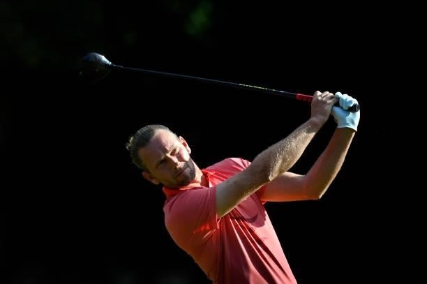 Marcel Siem of Germany plays his first shot on the 1st hole during Day One of Le Vaudreuil Golf Challenge at Golf PGA France du Vaudreuil on July 08,...
