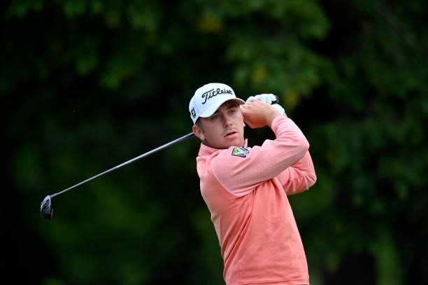Oliver Lindell of Finland plays his first shot on the 1st hole during Day One of Le Vaudreuil Golf Challenge at Golf PGA France du Vaudreuil on July...