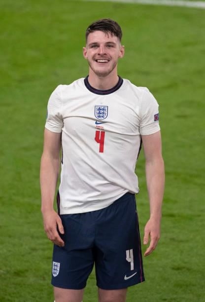 Happy, smiling Declan Rice of England after the UEFA Euro 2020 Championship Semi-final match between England and Denmark at Wembley Stadium on July...