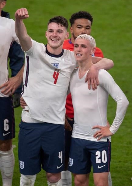 England players Declan Rice and Phil Foden after the UEFA Euro 2020 Championship Semi-final match between England and Denmark at Wembley Stadium on...