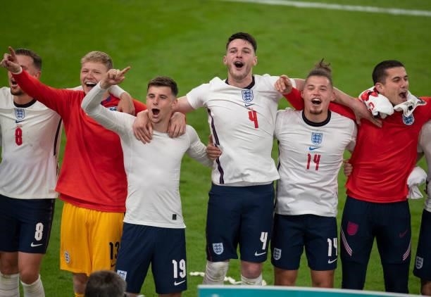 England players Aaron Ramsdale, Mason Mount, Declan Rice, Kalvin Phillips and Conor Coady celebrate after the UEFA Euro 2020 Championship Semi-final...