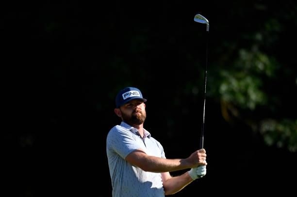 Liam Johnston of Scotland plays his first shot on the 1st hole during Day One of Le Vaudreuil Golf Challenge at Golf PGA France du Vaudreuil on July...