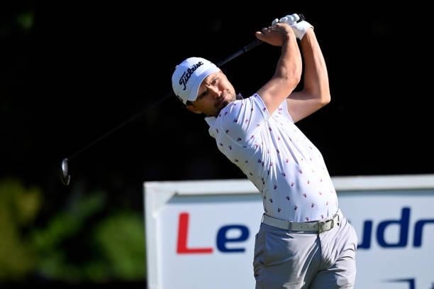 David Ravetto of France plays his first shot on the 1st hole during Day One of Le Vaudreuil Golf Challenge at Golf PGA France du Vaudreuil on July...