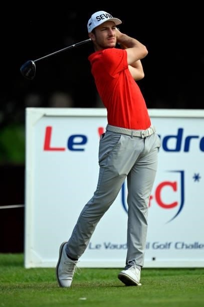 Jules Gris of France plays his first shot on the 1st hole during Day One of Le Vaudreuil Golf Challenge at Golf PGA France du Vaudreuil on July 08,...