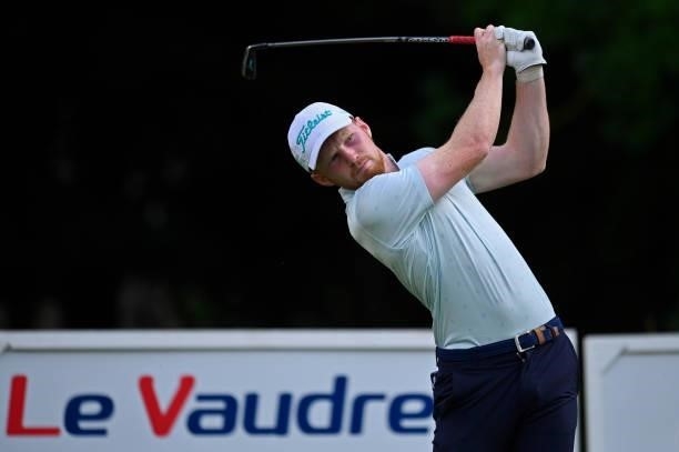John Murphy of Ireland plays his first shot on the 1st hole during Day One of Le Vaudreuil Golf Challenge at Golf PGA France du Vaudreuil on July 08,...