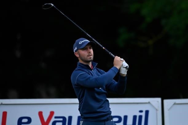 Jake Bolton of England plays his first shot on the 1st hole during Day One of Le Vaudreuil Golf Challenge at Golf PGA France du Vaudreuil on July 08,...