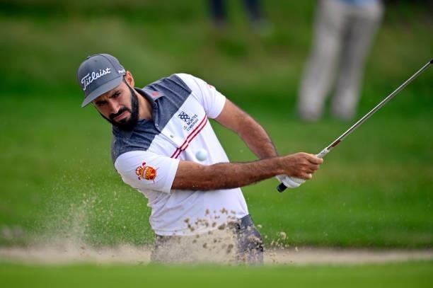Santiago Tarrio of spain gets out of the bunker on the 11th hole during Day One of Le Vaudreuil Golf Challenge at Golf PGA France du Vaudreuil on...
