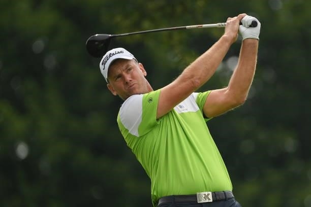 Robert Karlsson of Sweden plays his shot from the ninth tee during the first round of the U.S. Senior Open Championship at the Omaha Country Club on...