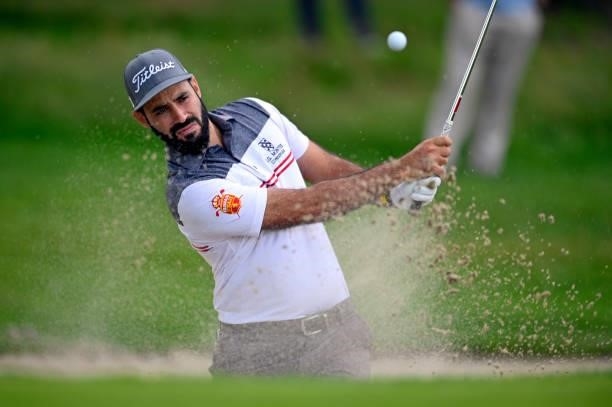 Santiago Tarrio of Spain gets out of the bunker on the 11th hole during Day One of Le Vaudreuil Golf Challenge at Golf PGA France du Vaudreuil on...