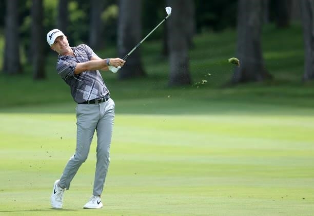 Martin Laird of Scotland plays his third shot on the 17th hole during the first round of the John Deere Classic at TPC Deere Run on July 08, 2021 in...