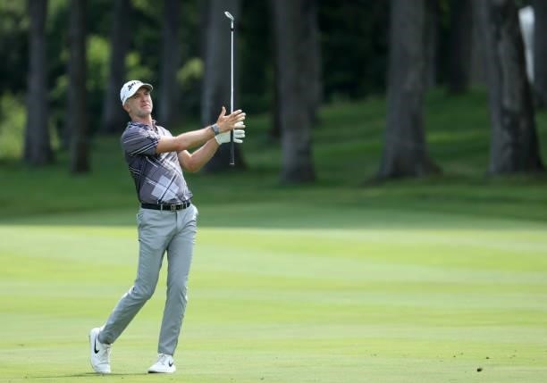 Martin Laird of Scotland plays his third shot on the 17th hole during the first round of the John Deere Classic at TPC Deere Run on July 08, 2021 in...