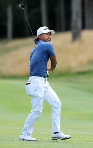 Satoshi Kodaira of Japan plays his second shot on the 17th hole during the first round of the John Deere Classic at TPC Deere Run on July 08, 2021 in...