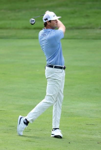 Hudson Swafford plays his second shot on the 17th hole during the first round of the John Deere Classic at TPC Deere Run on July 08, 2021 in Silvis,...