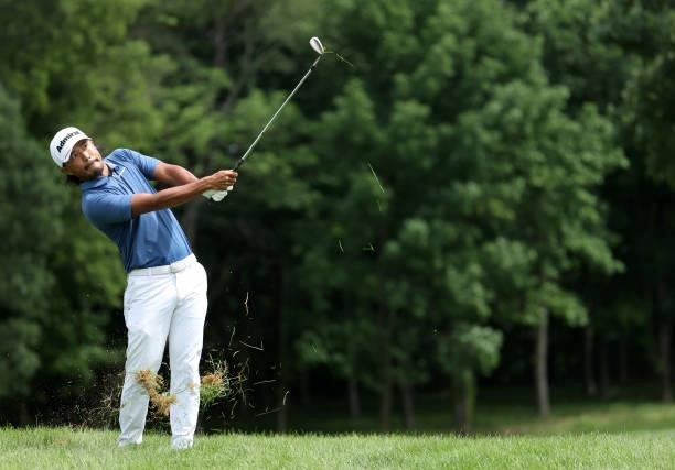 Satoshi Kodaira of Japan plays his third shot on the 17th hole during the first round of the John Deere Classic at TPC Deere Run on July 08, 2021 in...