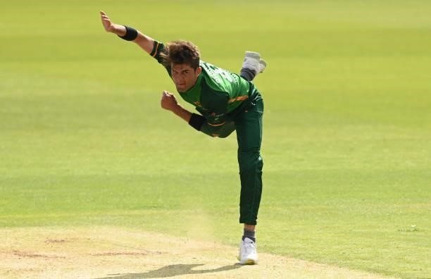 Shaheen Afridi of Pakistan bowls during the first One Day international between England and Pakistan at Sophia Gardens on July 08, 2021 in Cardiff,...