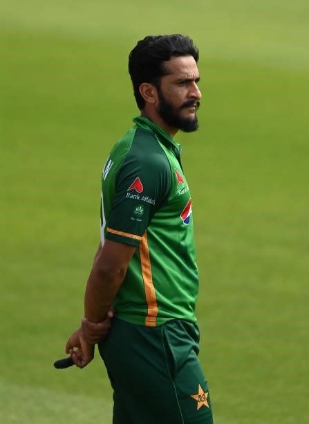 Hasan Ali of Pakistan looks on during the first One Day international between England and Pakistan at Sophia Gardens on July 08, 2021 in Cardiff,...
