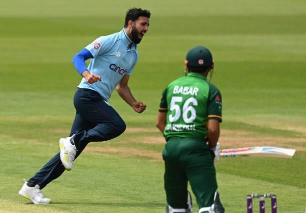 Saqib Mahmood of England celebrates after dismissing Babar Azam of Pakistan during the first One Day international between England and Pakistan at...