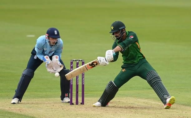 Shadab Khan of Pakistan hits out watched by John Simpson of England during the first One Day international between England and Pakistan at Sophia...