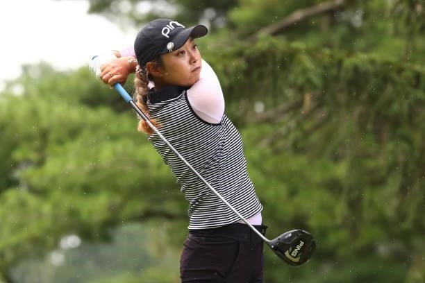 Esther Lee watches her drive on the 18th hole during the first round of the Marathon LPGA Classic presented by Dana at Highland Meadows Golf Club in...