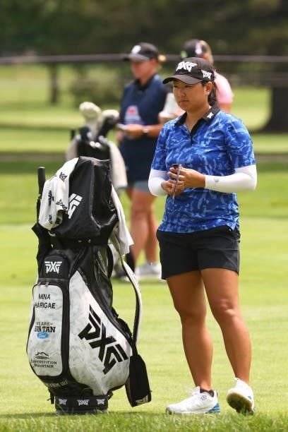 Mina Harigae waits in the 18th fairway during the first round of the Marathon LPGA Classic presented by Dana at Highland Meadows Golf Club in...