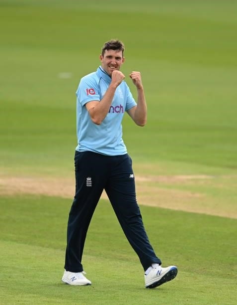Craig Overton of England celebrates after dismissing Shaheen Afridi of Pakistan during the first One Day international between England and Pakistan...