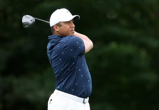 Jhonattan Vegas of Venezula plays his shot from the 13th tee during the first round of the John Deere Classic at TPC Deere Run on July 08, 2021 in...
