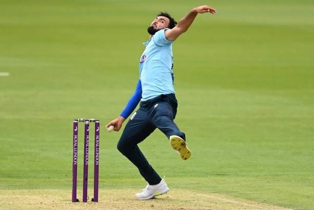 Saqib Mahmood of England bowls during the first One Day international between England and Pakistan at Sophia Gardens on July 08, 2021 in Cardiff,...